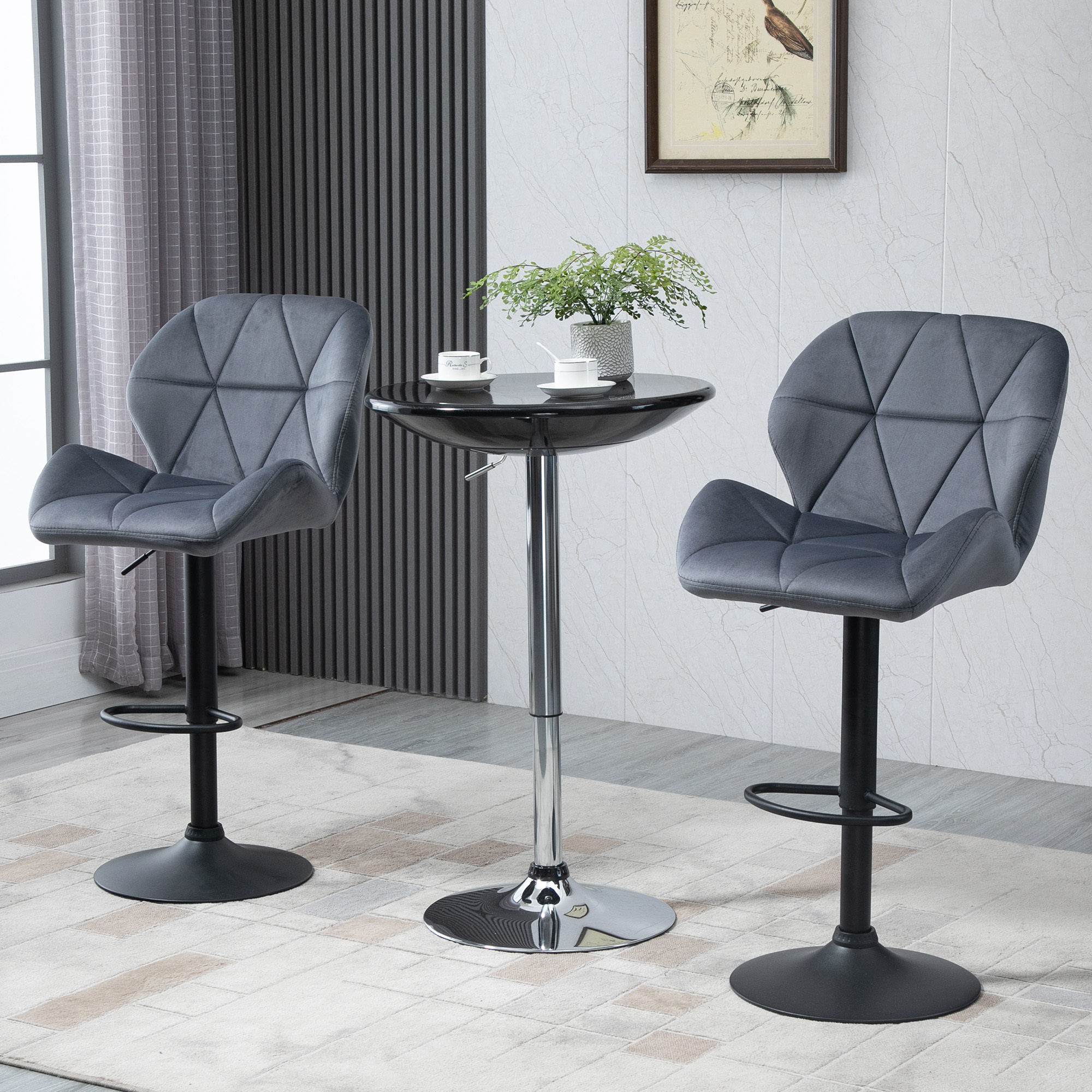 HOMCOM Set 2 Barhocker mit höhenverstellbarer Metallbasis, Samt Sitz, Drehbare Barhocker mit Rückenlehne und Fußstütze, 51,5x57,5x93-114,5cm, Grau Aosom – Bild 2 von 2