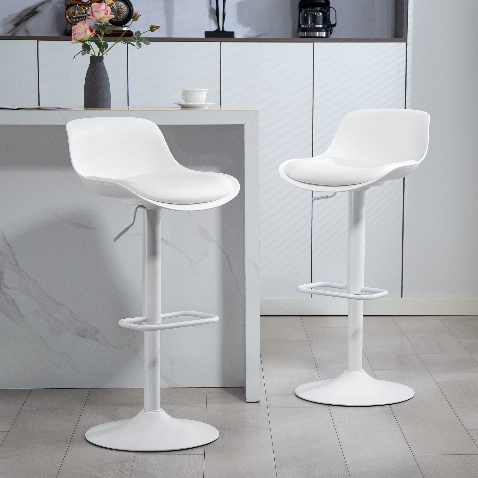 HOMCOM Set 2 Barhocker mit Höhenverstellung, Hohe Küchenhocker aus Kunstleder mit Rückenlehne und Fußstütze und Großer Stahlbasis, 360° Drehbare Barstühle, Weiß – Bild 2 von 2