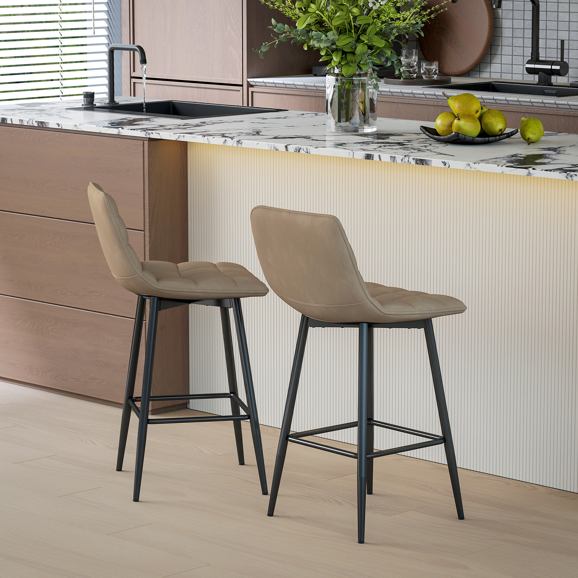 HOMCOM Set 2 Hochhocker im skandinavischen Stil mit Rückenlehne und Fußstütze, Hocker mit Samteffektbezug und Metall, 45x47x84 cm, Braun Aosom – Bild 2 von 2