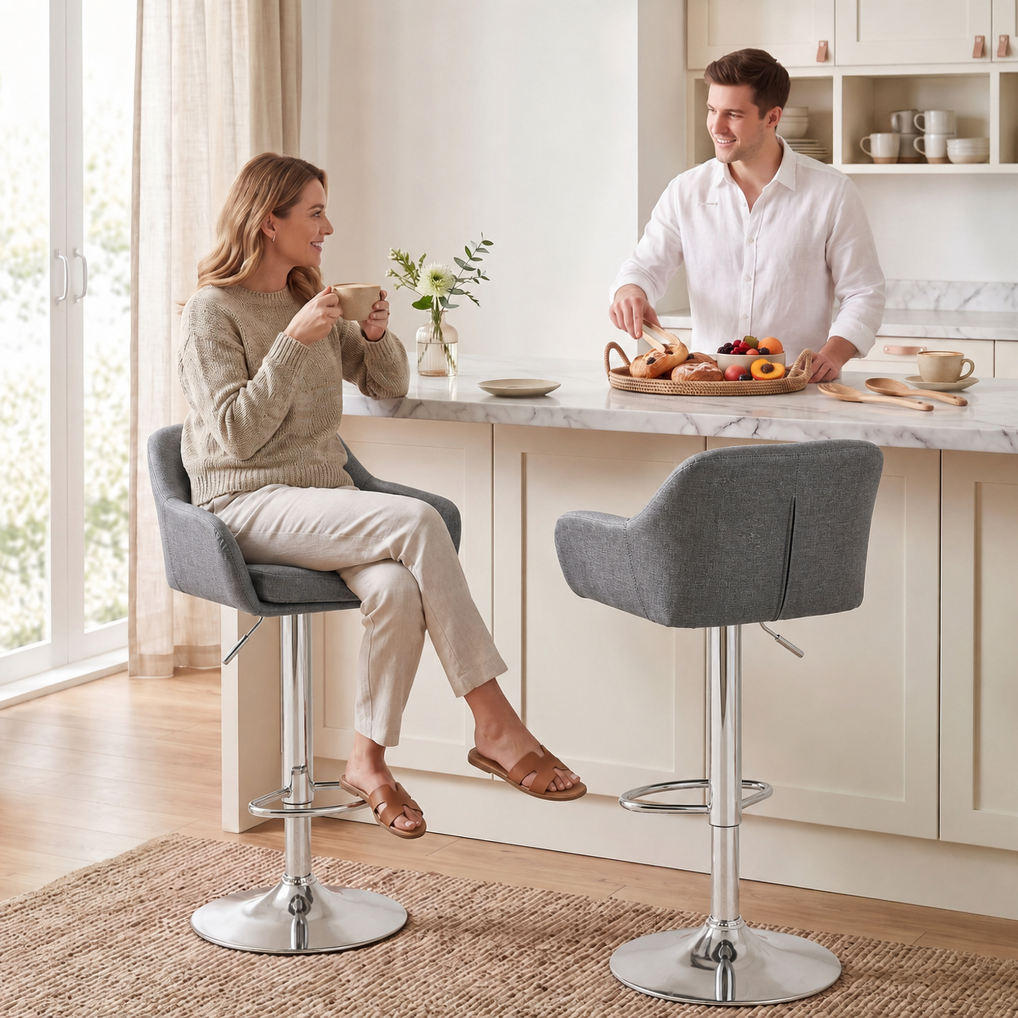 HOMCOM Set mit 2 360° drehbaren Samt-Barhockern, höhenverstellbar, mit Fußstütze, Rückenlehne, Metallbasis, modern für Kücheninsel, Grau Aosom – Bild 2 von 2