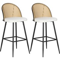 HOMCOM Set mit 2 Barhocker, Hochhocker für die Küche mit Rattan Rückenlehne, Sitzpolster aus Schafwolle, Stahlrahmen und Fußstütze für Esszimmer, Theke, Cremewe
