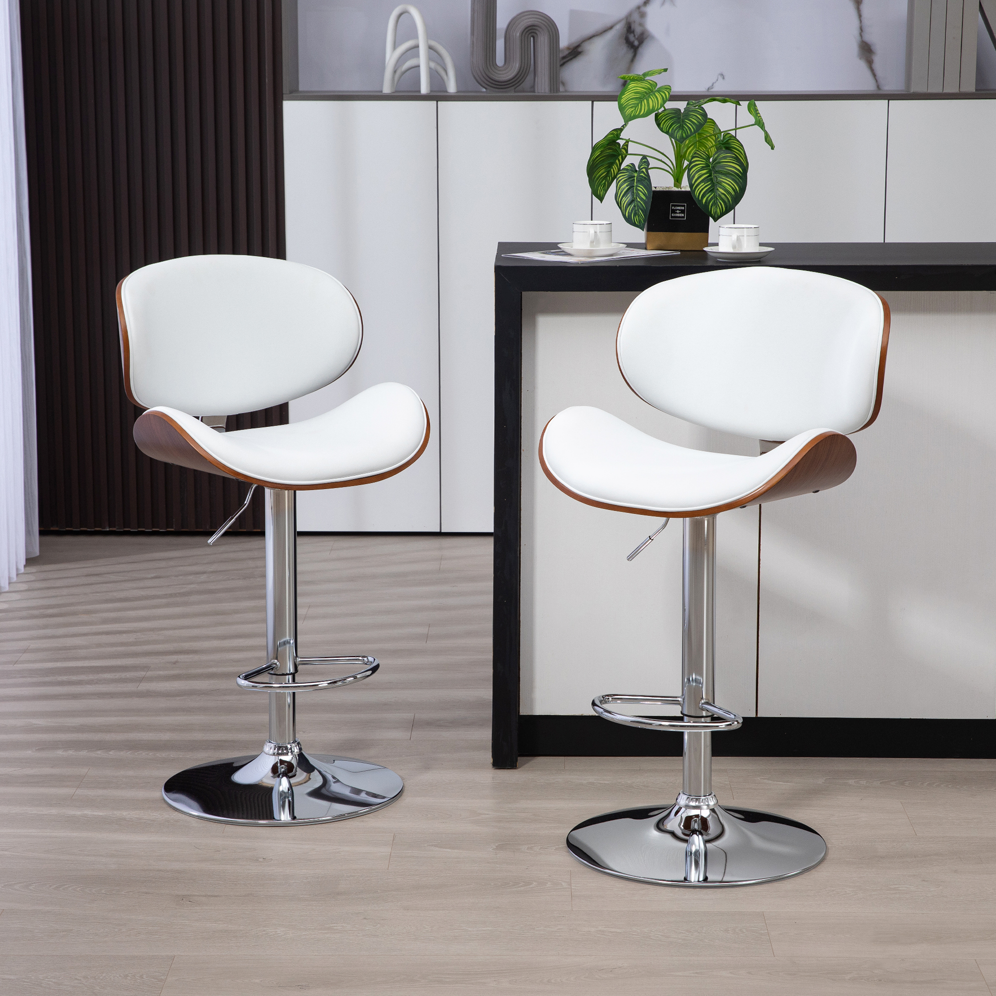 HOMCOM Set mit 2 Barhockern Küchenstühle mit Kunstlederbezug höhenverstellbar drehbar Fußstütze weiß Aosom – Bild 2 von 2