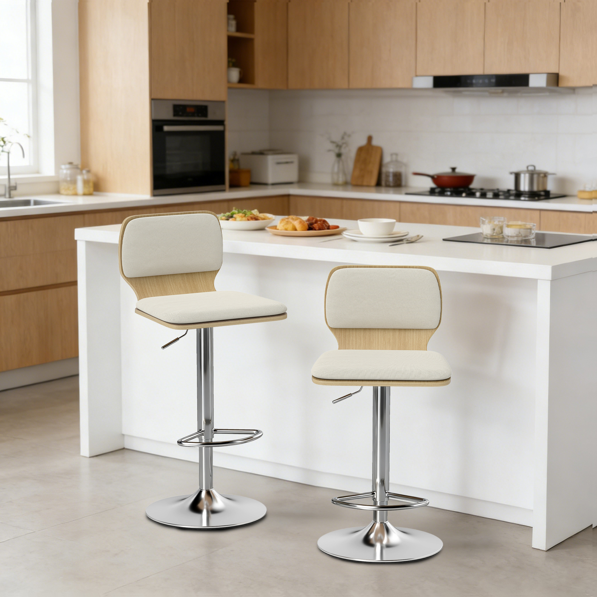 HOMCOM Set mit 2 hohen Barhockern, 360°-drehbar, höhenverstellbar 81-102 cm, mit Leinenbezug, Fußstütze, für Esszimmer, Theke, Beige Aosom – Bild 2 von 2