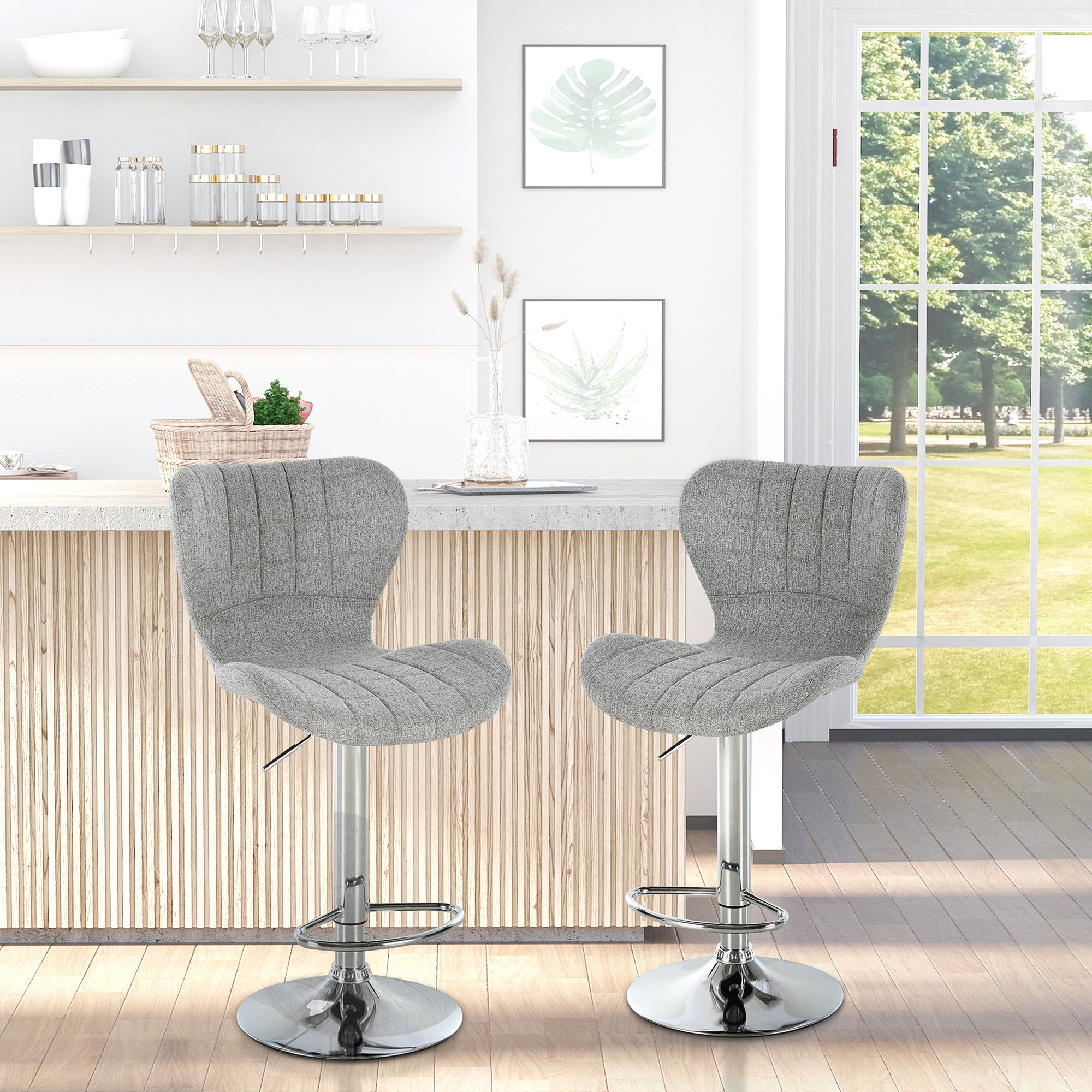 HOMCOM Set mit 2 zeitgemäßen Design-Barhockern, höhenverstellbar 59-81 cm, 360° drehbar, Leinen Grau Aosom – Bild 2 von 2