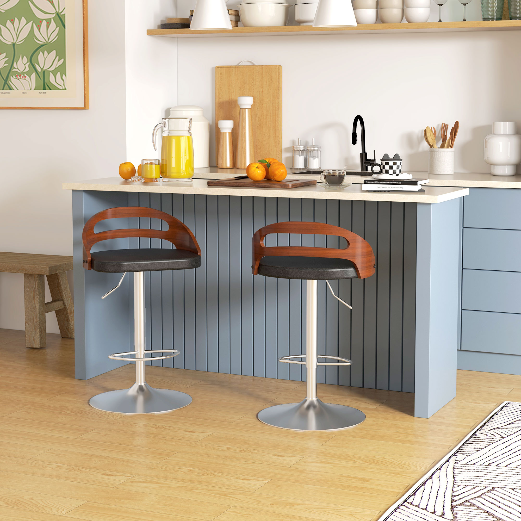 HOMCOM Set mit 2 zeitgenössischen Design-Barhockern Höhenverstellbar 360° drehbar synthetisches Leder Schwarz Rückenlehne mit Holzoptik Aosom – Bild 2 von 2