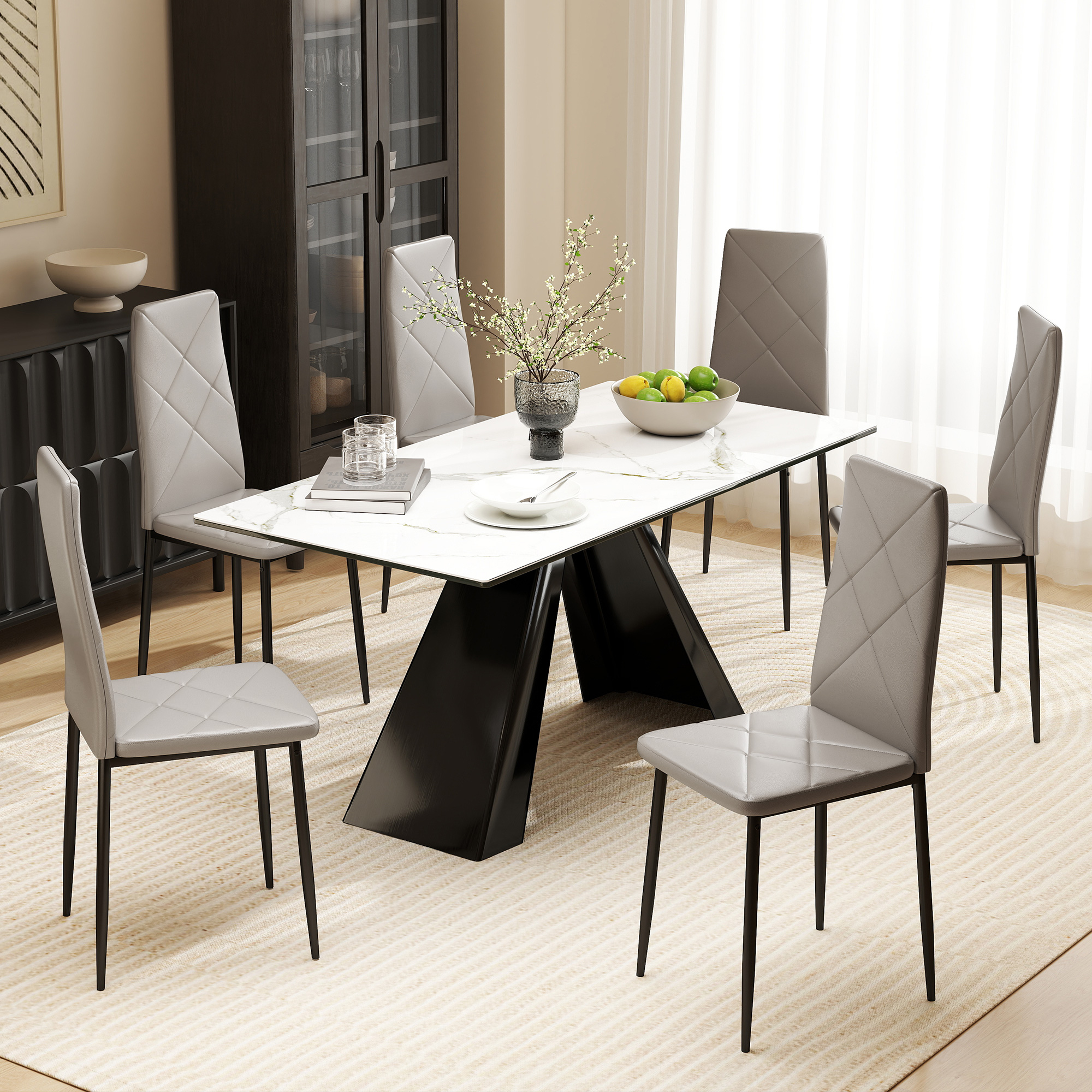 HOMCOM Set mit 6 Esszimmerstühlen aus Kunstleder, Küchenstühle mit hoher Rückenlehne und Diamantsteppung, Stahlbeine, moderne Stühle für Küche, Schlafzimmer, Bü – Bild 2 von 2