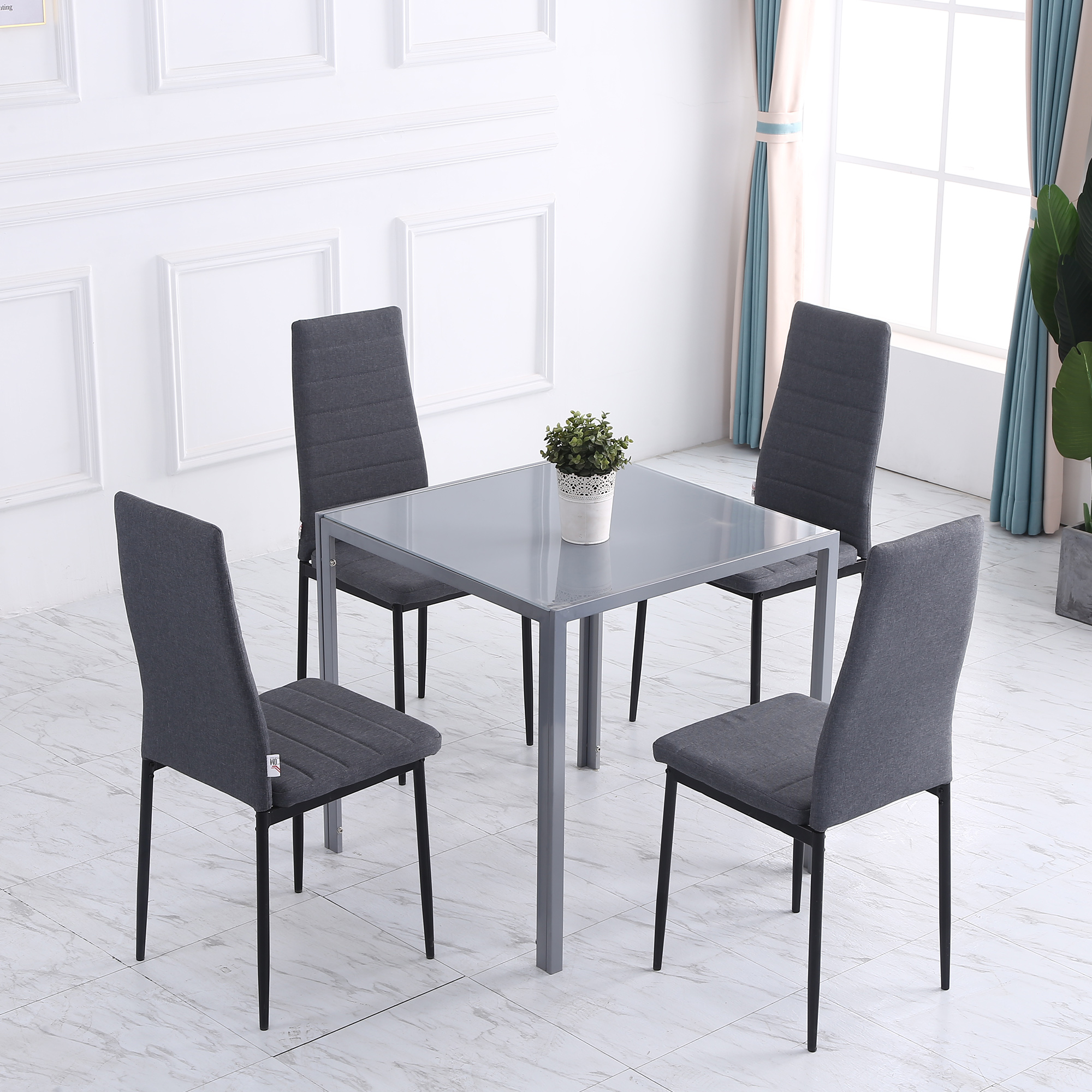 HOMCOM Set von 4 Esszimmerstühlen, gepolsterte Küchenstühle mit hoher Rückenlehne, Metallbeinen und Leinenbezug, für Wohnzimmer, Schlafzimmer, Küche, Grau Aosom – Bild 2 von 2