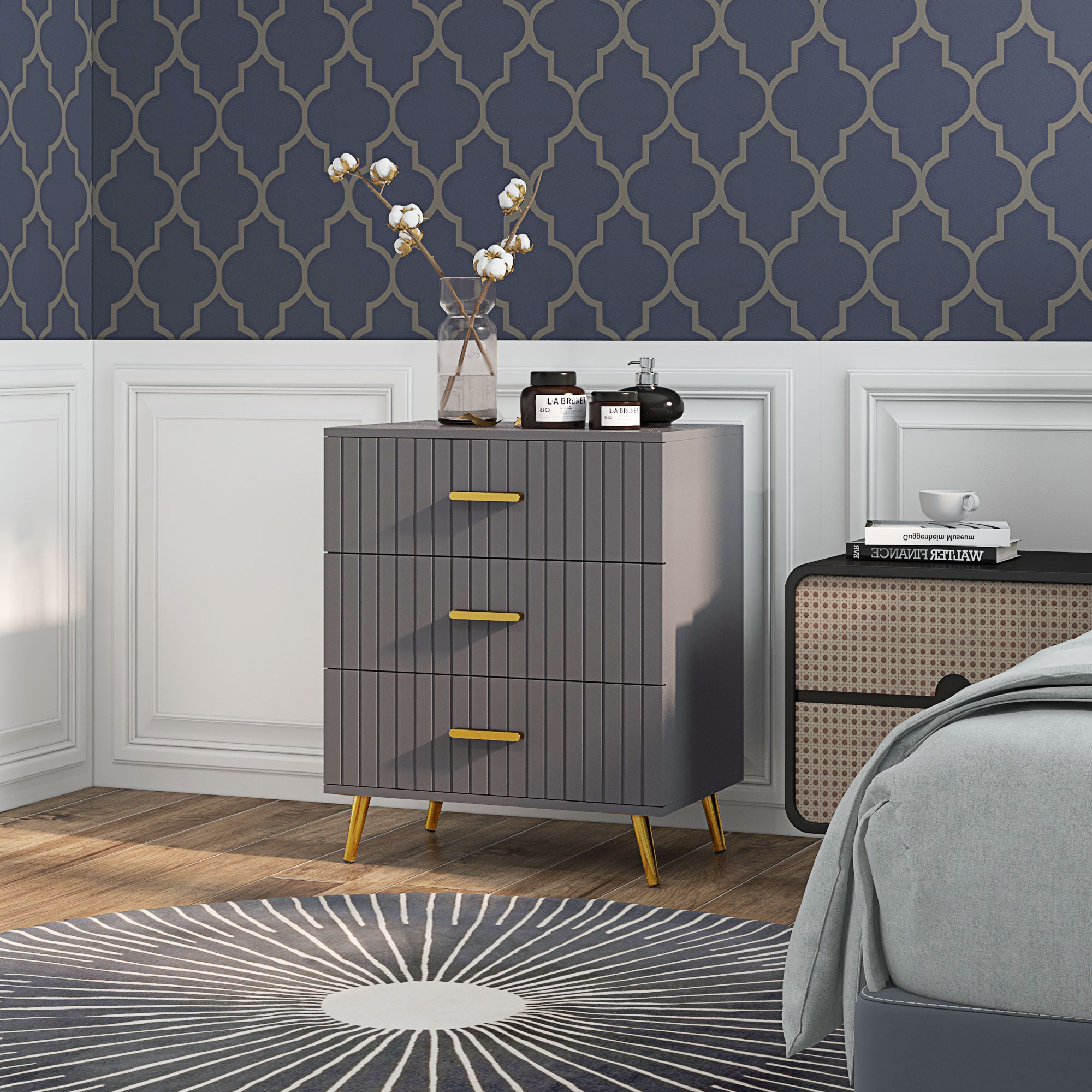 HOMCOM Sideboard 3 Schubladen Modern und Kippsicher, Sideboard aus Holz und Aluminium, 60x40x71,5 cm, Goldtöne und Dunkelgrau Aosom – Bild 2 von 2