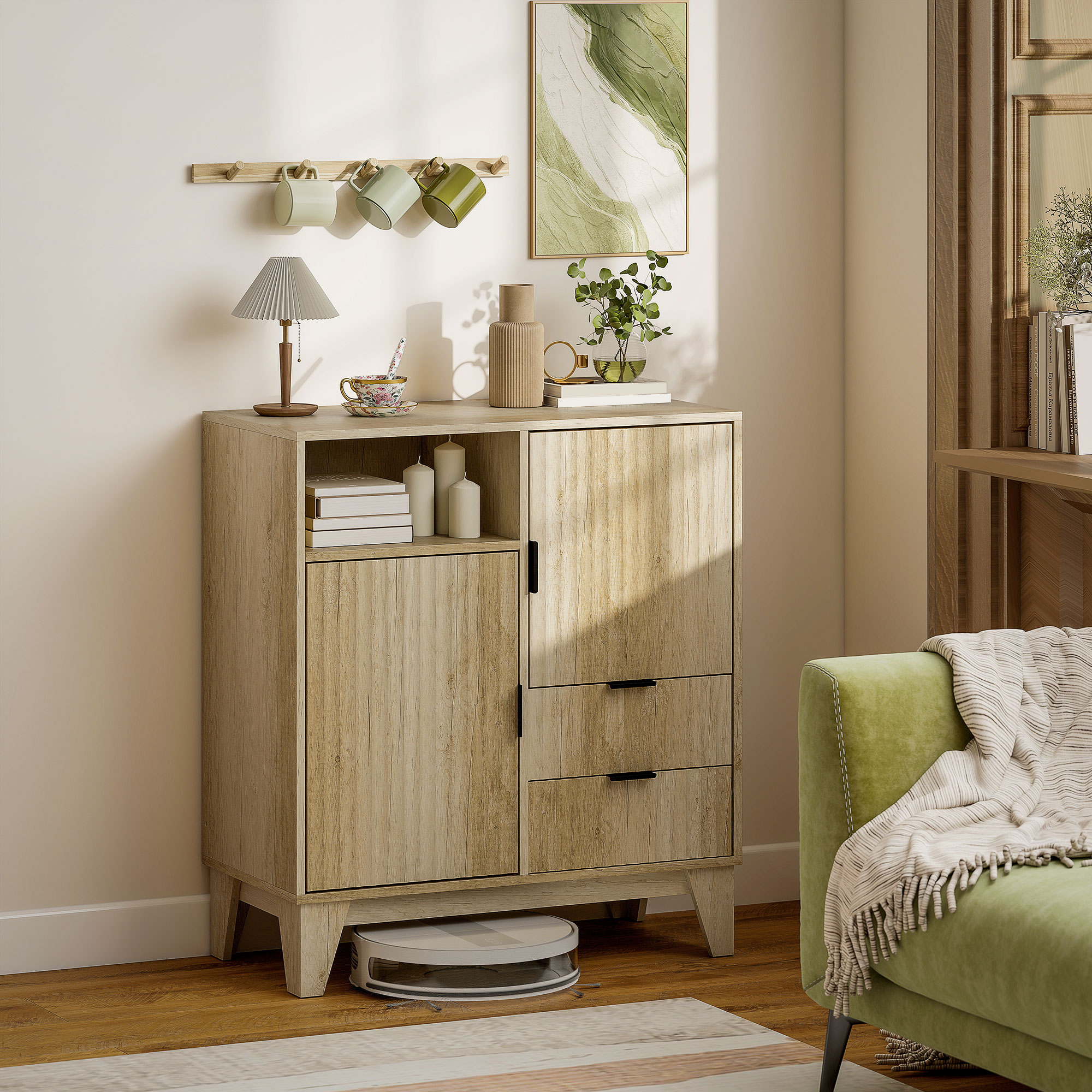 HOMCOM Sideboard 80×40×90 cm – 2 Türen mit Soft-Close, 2 Schubladen, höhenverstellbarer Einlegeboden & offenes Fach, Naturholzoptik Aosom – Bild 2 von 2