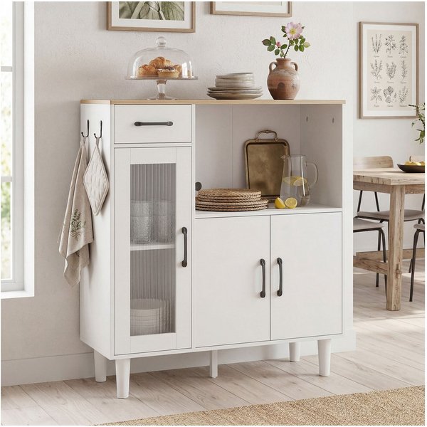 HOMCOM Sideboard Aufbewahrungsschrank mit Schublade, 2 Schränke, offenem Fach (Küchenschrank, 1 St., Aufbewahrungsschrank), für Wohnzimmer Weiß+Eiche 80 x 34 x 