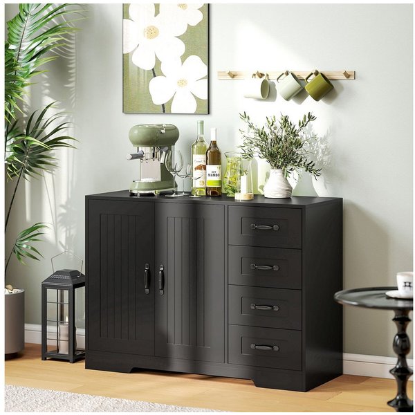 HOMCOM Sideboard Beistellschrank mit 4 Schubladen, 2 Türen, Küchenschrank (Aufbewahrungsschrank, 1 St., Küchenschrank), für Wohnzimmer, 105 x 40 x 76 cm, Schwar