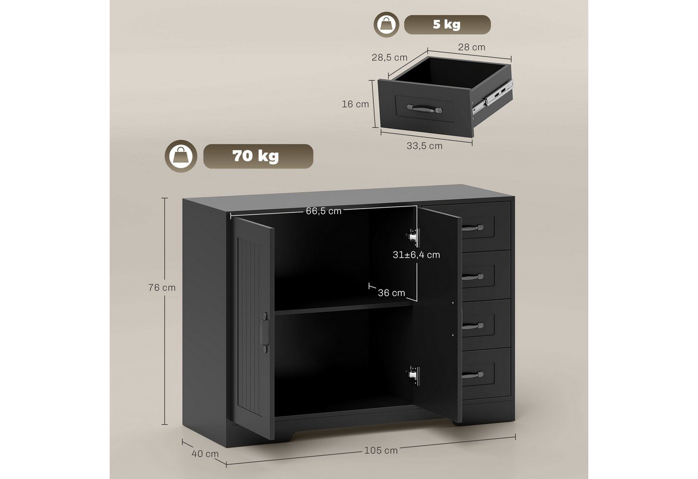 HOMCOM Sideboard Beistellschrank mit 4 Schubladen, 2 Türen, Küchenschrank (Aufbewahrungsschrank, 1 St., Küchenschrank), für Wohnzimmer, 105 x 40 x 76 cm, Schwar – Bild 3 von 5