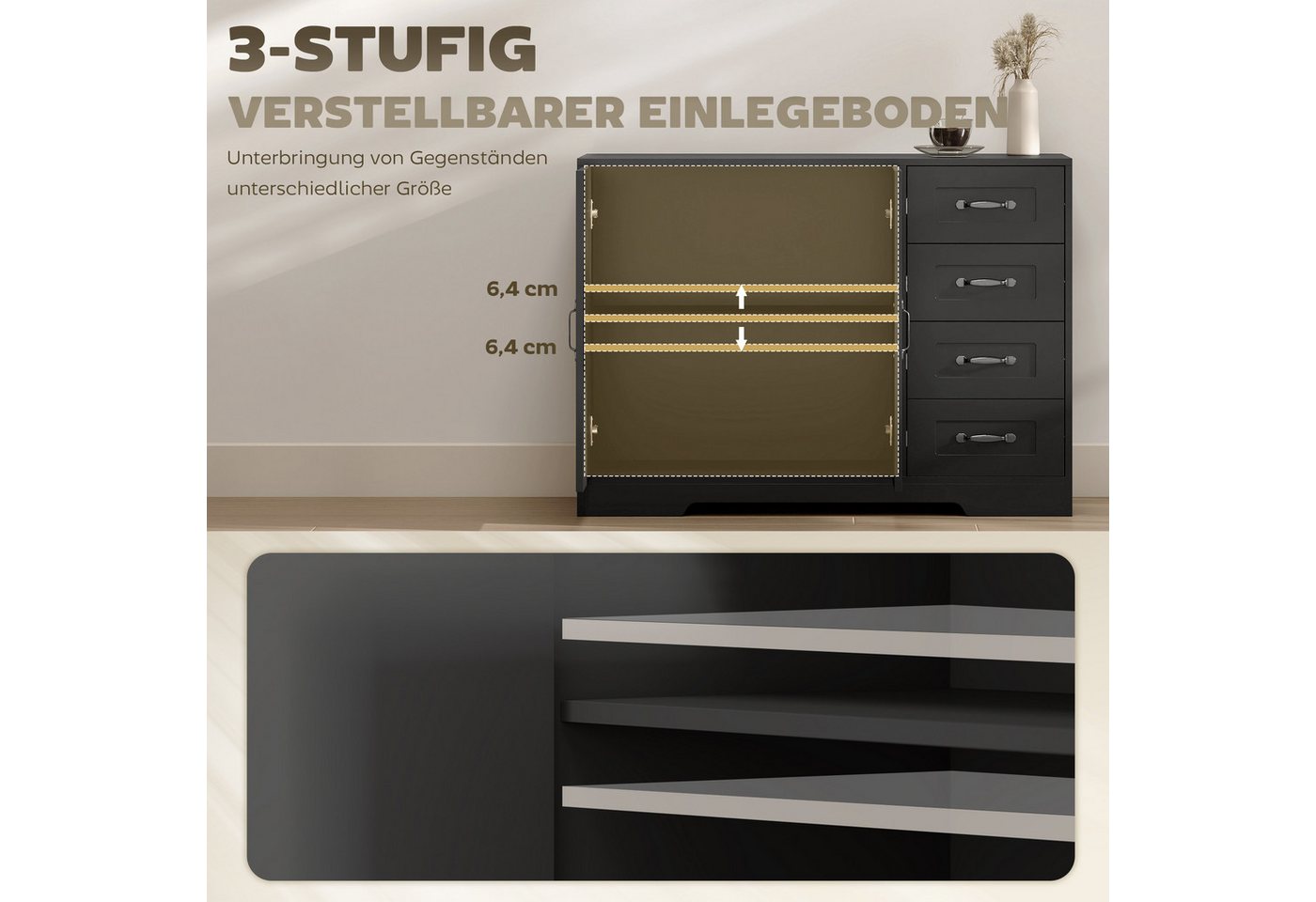 HOMCOM Sideboard Beistellschrank mit 4 Schubladen, 2 Türen, Küchenschrank (Aufbewahrungsschrank, 1 St., Küchenschrank), für Wohnzimmer, 105 x 40 x 76 cm, Schwar – Bild 5 von 5