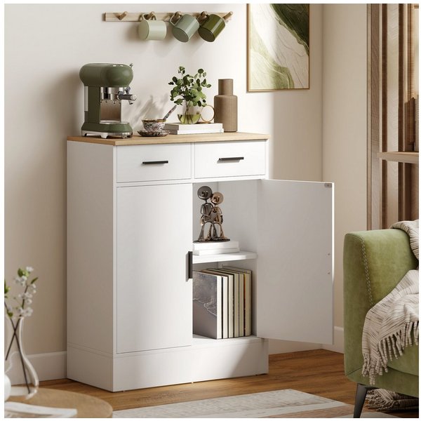 HOMCOM Sideboard Kommode mit 2 Schubladen und Regal, mit Stauraum, für Küche (Aufbewahrungsschrank, 1 St., Küchenschrank), mit verstellbarem Einlegeboden, Weiß+
