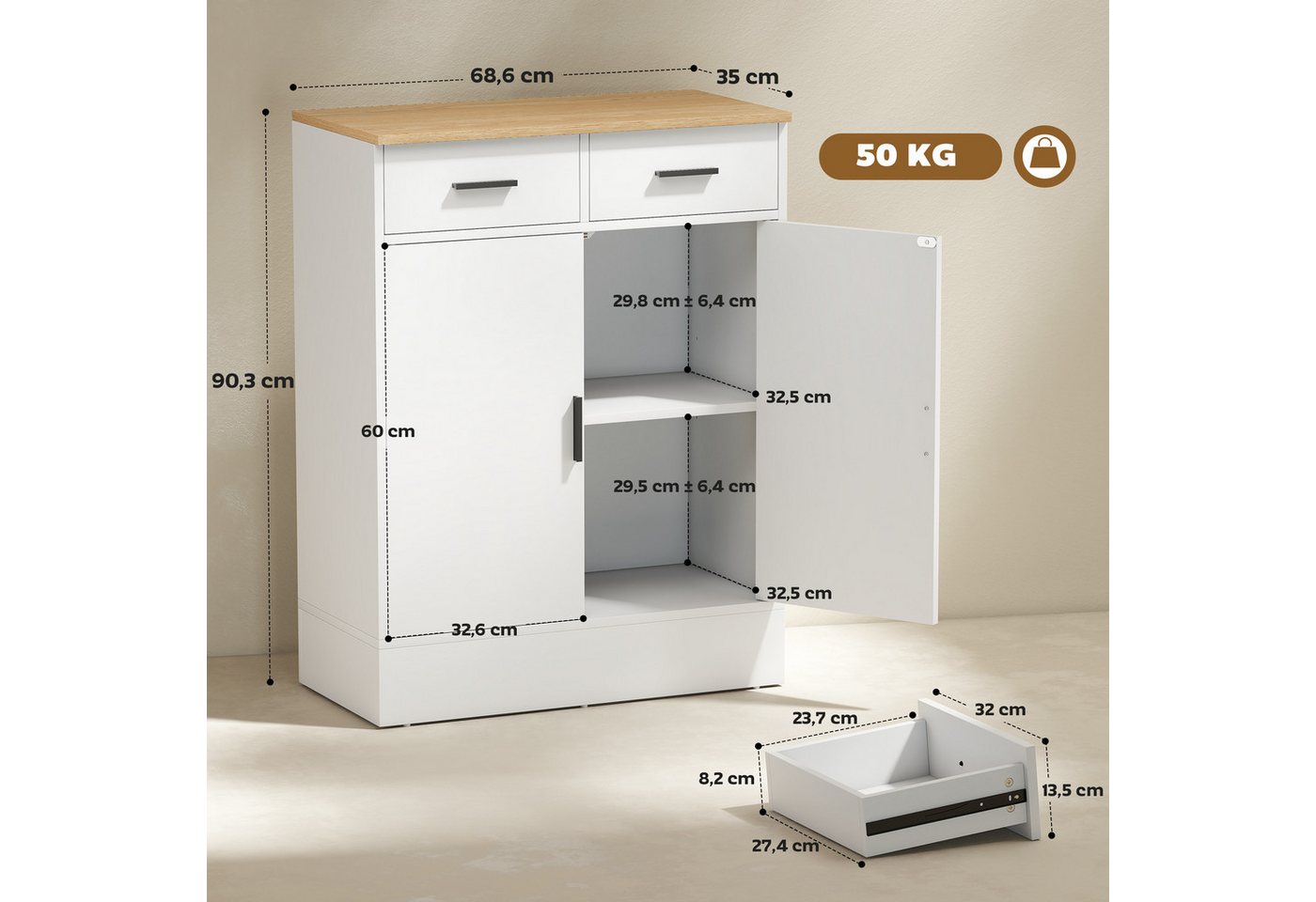 HOMCOM Sideboard Kommode mit 2 Schubladen und Regal, mit Stauraum, für Küche (Aufbewahrungsschrank, 1 St., Küchenschrank), mit verstellbarem Einlegeboden, Weiß+ – Bild 3 von 5