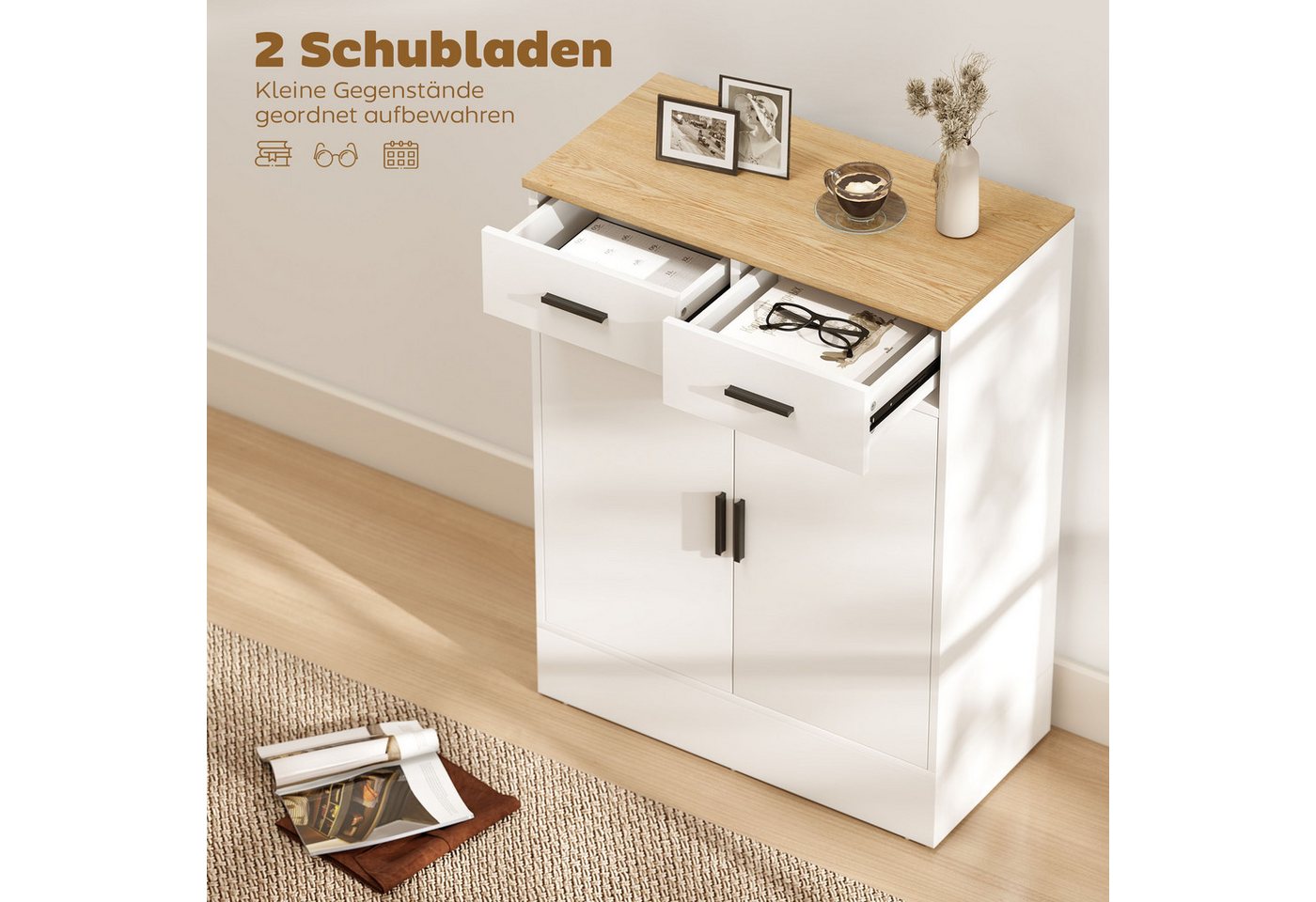 HOMCOM Sideboard Kommode mit 2 Schubladen und Regal, mit Stauraum, für Küche (Aufbewahrungsschrank, 1 St., Küchenschrank), mit verstellbarem Einlegeboden, Weiß+ – Bild 4 von 5