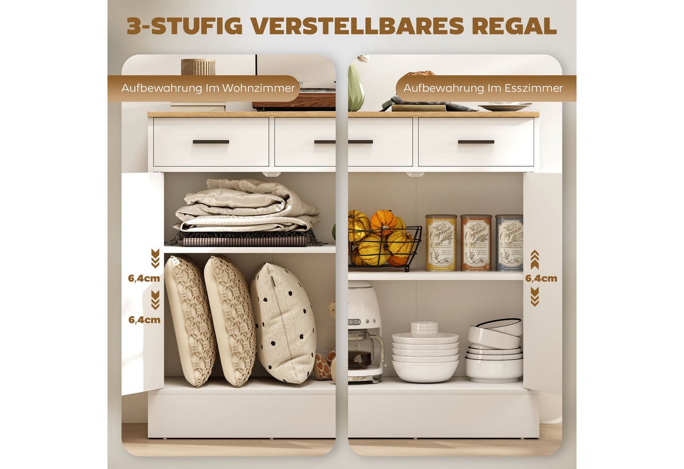 HOMCOM Sideboard Kommode mit 2 Schubladen und Regal, mit Stauraum, für Küche (Aufbewahrungsschrank, 1 St., Küchenschrank), mit verstellbarem Einlegeboden, Weiß+ – Bild 5 von 5
