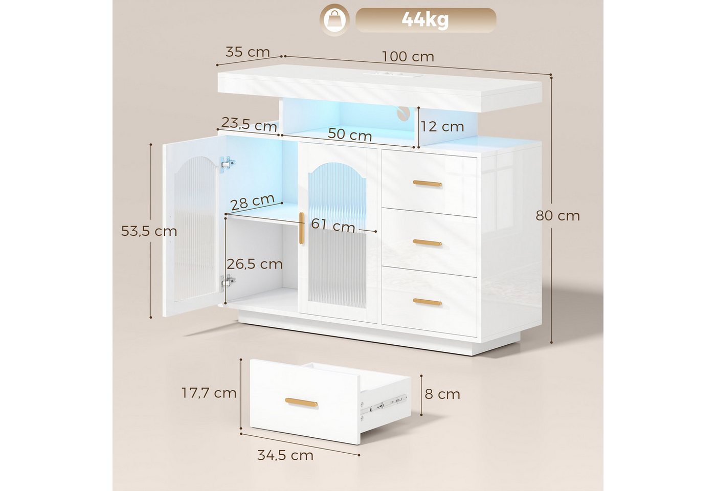 HOMCOM Sideboard Küchenschrank mit 3 Schubladen, 2 Acryl-Türen Buffetschrank (Set, 1 St., Hochglanz Aufbewahrungsschrank), für Wohnzimmer, Schlafzimmer 100x35x8 – Bild 3 von 5