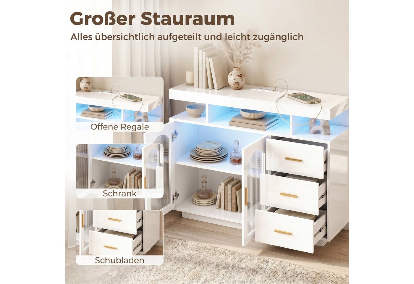 HOMCOM Sideboard Küchenschrank mit 3 Schubladen, 2 Acryl-Türen Buffetschrank (Set, 1 St., Hochglanz Aufbewahrungsschrank), für Wohnzimmer, Schlafzimmer 100x35x8 – Bild 4 von 5