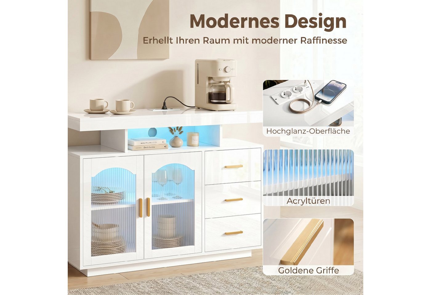 HOMCOM Sideboard Küchenschrank mit 3 Schubladen, 2 Acryl-Türen Buffetschrank (Set, 1 St., Hochglanz Aufbewahrungsschrank), für Wohnzimmer, Schlafzimmer 100x35x8 – Bild 5 von 5