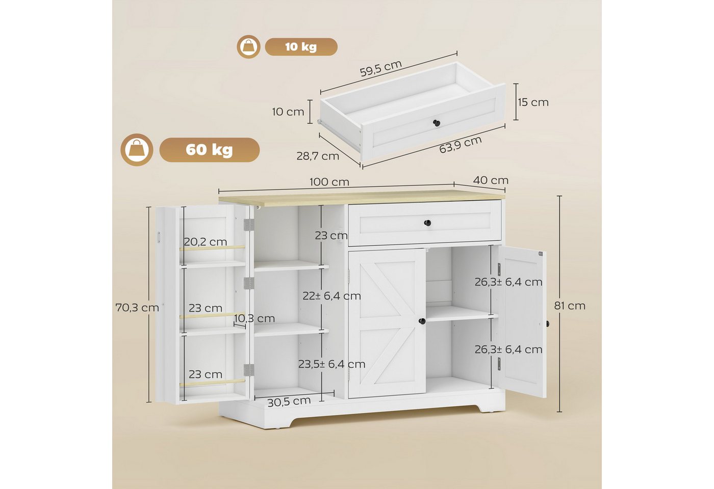 HOMCOM Sideboard Küchenschrank mit Schublade, 3 Türen, Gewürzhalter (Buffetschrank, 1 St., Aufbewahrungsschrank), 100 x 40 x 81 cm Weiß – Bild 3 von 5