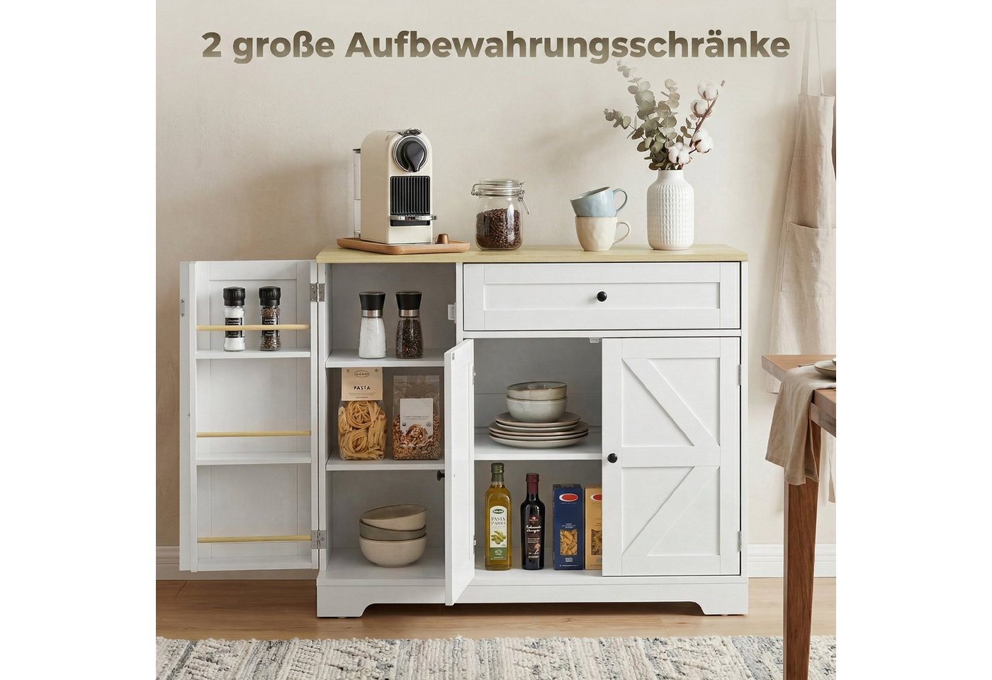 HOMCOM Sideboard Küchenschrank mit Schublade, 3 Türen, Gewürzhalter (Buffetschrank, 1 St., Aufbewahrungsschrank), 100 x 40 x 81 cm Weiß – Bild 4 von 5