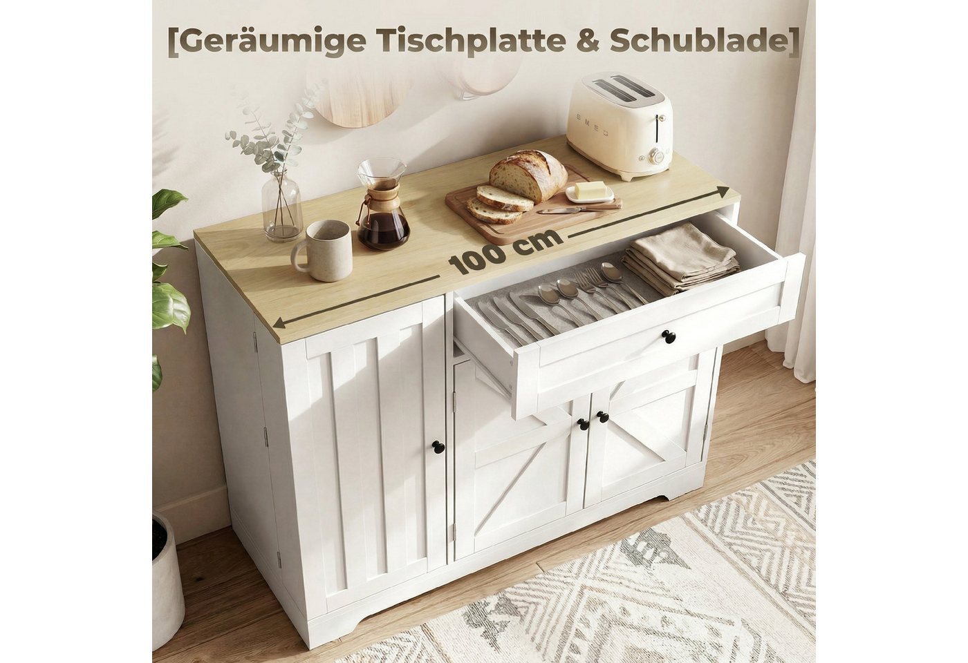 HOMCOM Sideboard Küchenschrank mit Schublade, 3 Türen, Gewürzhalter (Buffetschrank, 1 St., Aufbewahrungsschrank), 100 x 40 x 81 cm Weiß – Bild 5 von 5