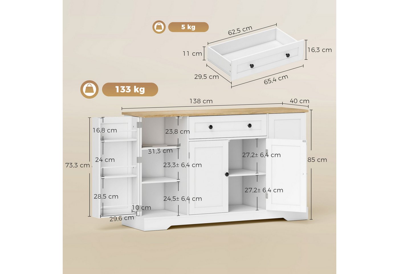 HOMCOM Sideboard Küchenschrank mit Schublade, Verstellbaren Regalen, Türregalen (Aufbewahrungsschrank, 1 St., Buffetschrank), für Küche, Esszimmer, Wohnzimmer,  – Bild 3 von 5