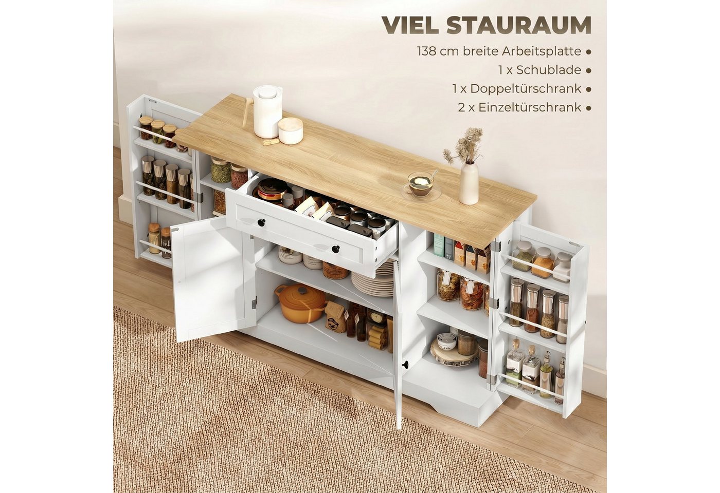 HOMCOM Sideboard Küchenschrank mit Schublade, Verstellbaren Regalen, Türregalen (Aufbewahrungsschrank, 1 St., Buffetschrank), für Küche, Esszimmer, Wohnzimmer,  – Bild 4 von 5
