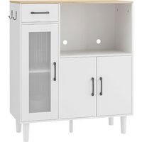 HOMCOM Sideboard Küchenschrank mit Schublade, 2 Schränken, Offenem Fach, Aufbewahrungsschrank mit geriffelter Acrylglastür für Wohnzimmer Weiß+Eiche 80 x 34 x 9