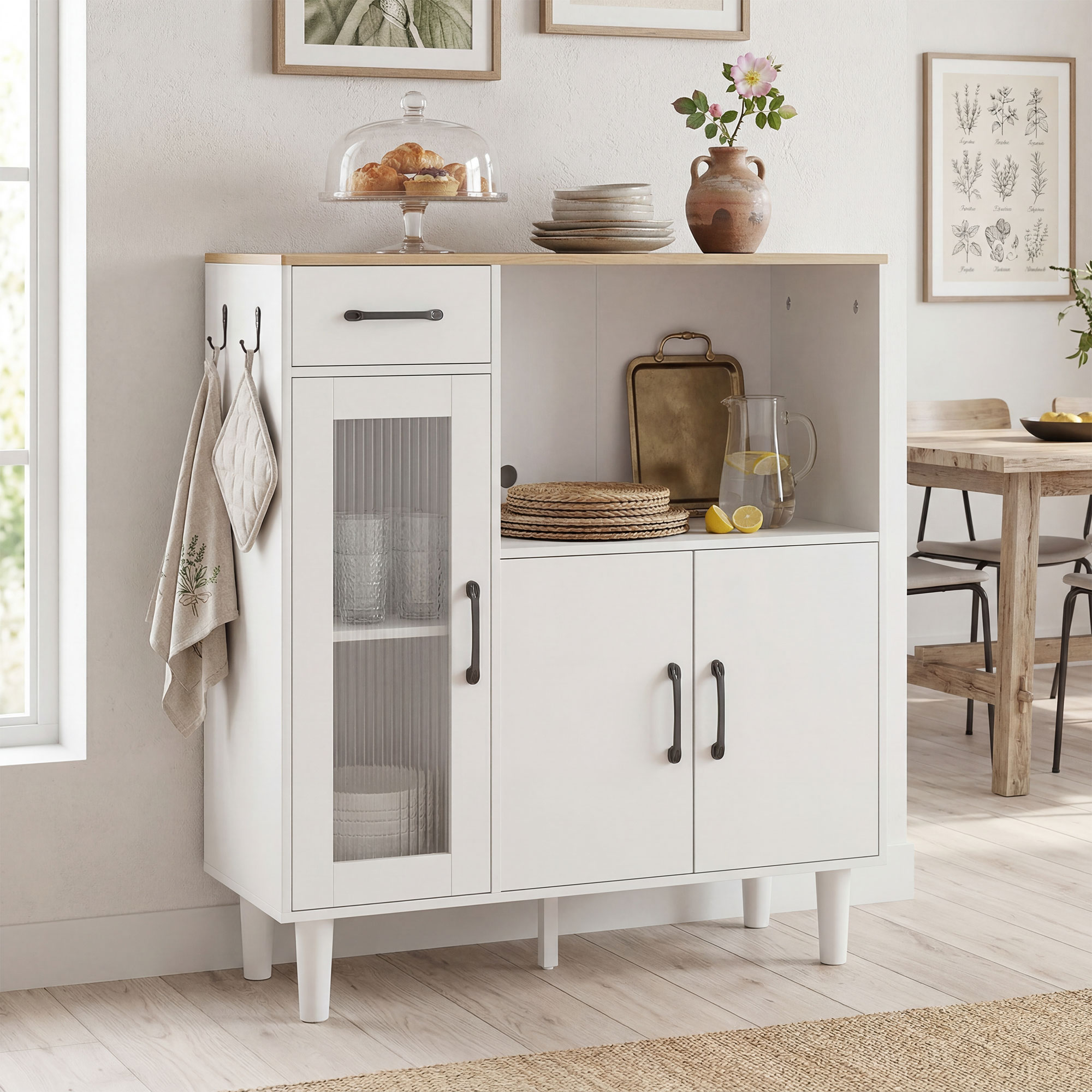 HOMCOM Sideboard Küchenschrank mit Schublade, 2 Schränken, Offenem Fach, Aufbewahrungsschrank mit geriffelter Acrylglastür für Wohnzimmer Weiß+Eiche 80 x 34 x 9 – Bild 2 von 2