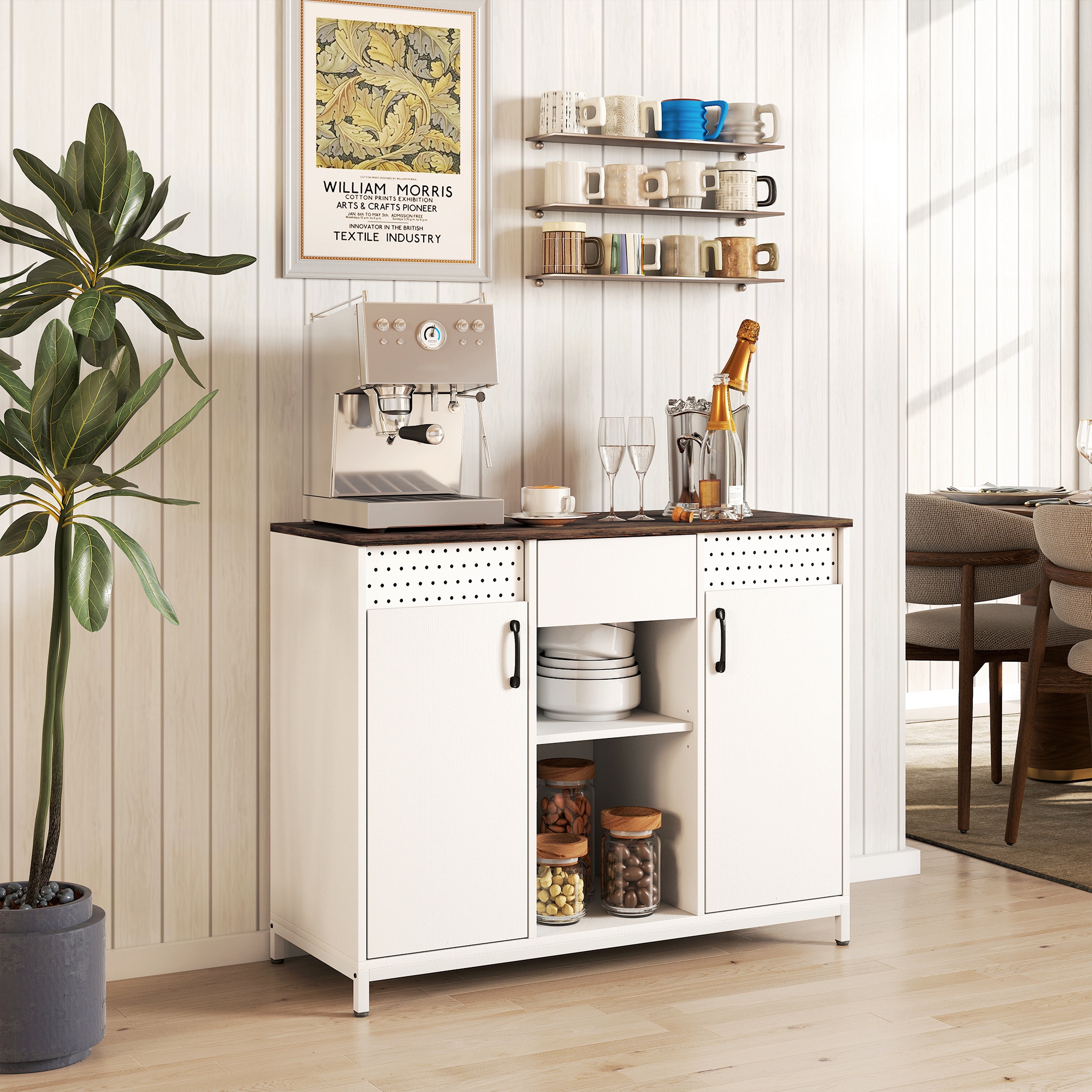 HOMCOM Sideboard mit 2 perforierten Türen, Schublade, offenen Fächern und verstellbaren Regalen, für Küche, Flur und Büro, Weiß, 100x40x80 cm Aosom – Bild 2 von 2