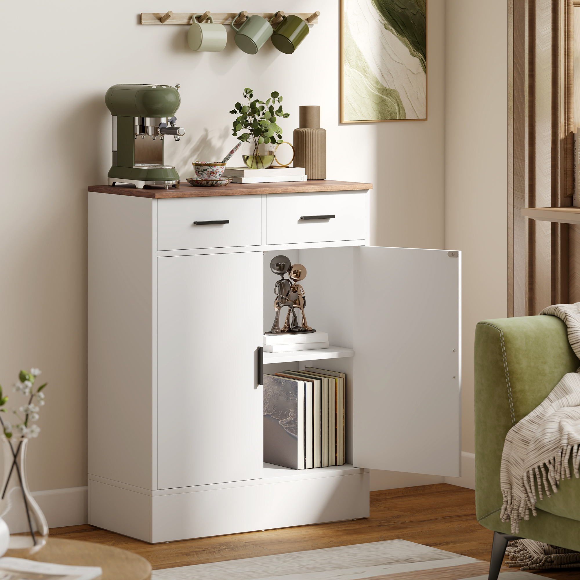 HOMCOM Sideboard mit 2 Schubladen und 2-türigem Schrank, Modernes Küchenmöbel mit verstellbarem Regal, Sideboard/Bufett für Wohnzimmer, Esszimmer und Diele, 68. – Bild 2 von 2