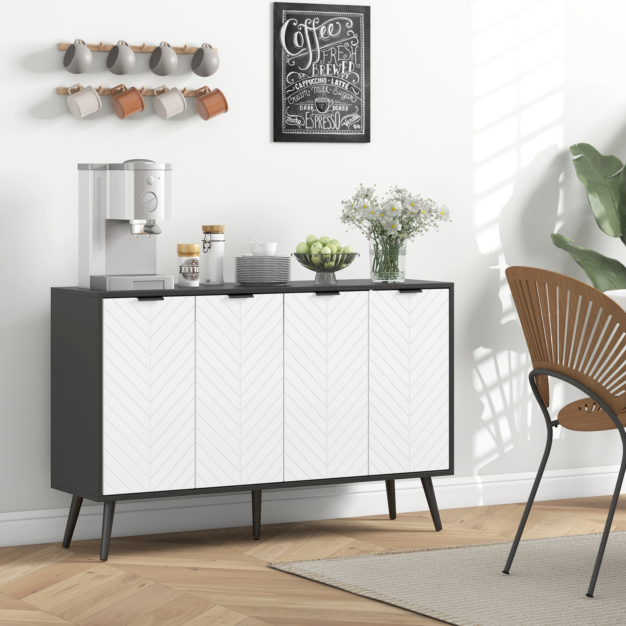 HOMCOM Sideboard mit 4 Türen, Wohnzimmer-Sideboard mit höhenverstellbaren Einlegeböden, Holzfüße, Türen mit Fischgrätmuster, für Küche, Flur, Schlafzimmer, Weiß – Bild 2 von 2