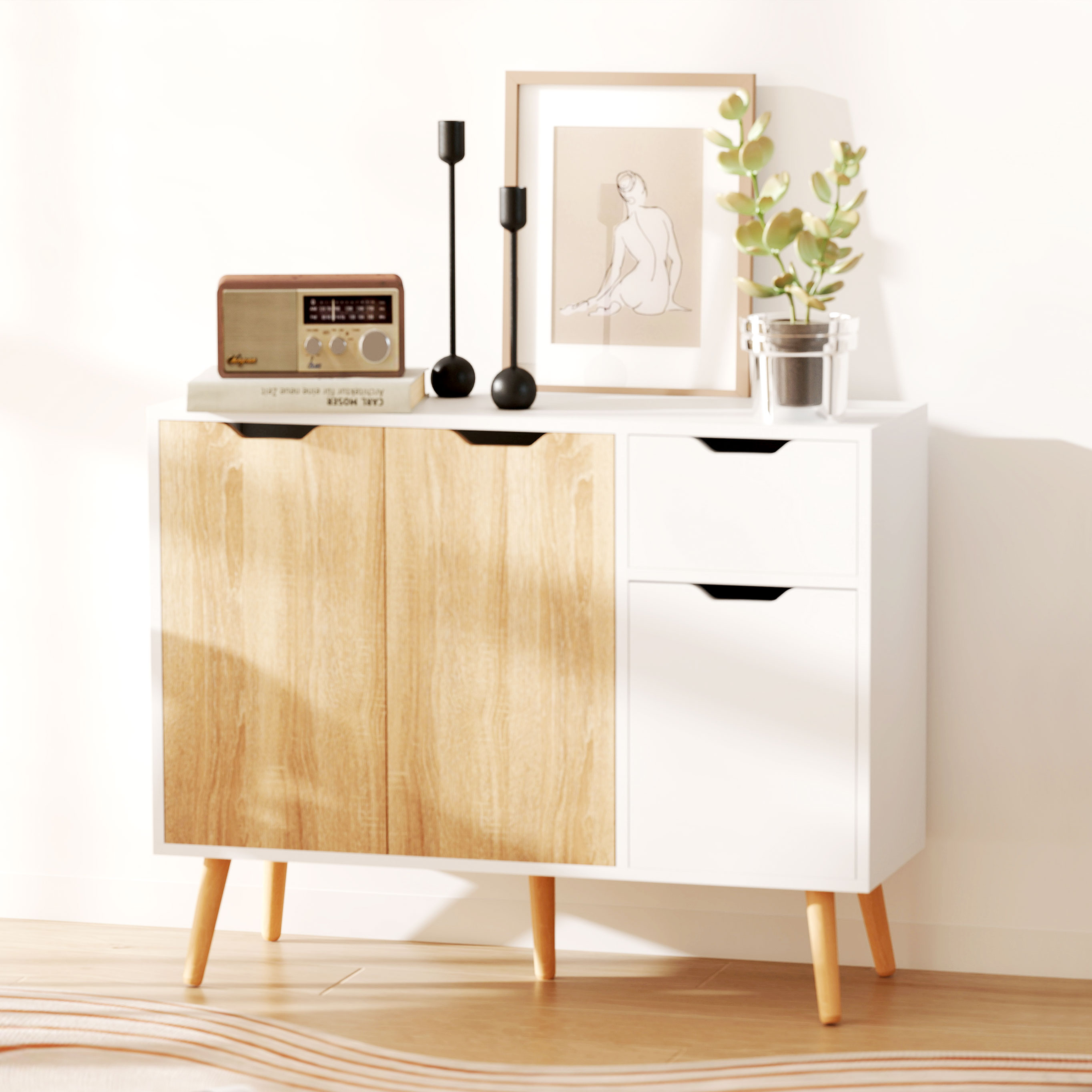 HOMCOM Sideboard mit Schrank und Schubladen Kommode Nachttisch Beistellschrank im skandinavischen Design viel Stauraum MDF Spanplatte 90x30x 7cm Aosom – Bild 2 von 2