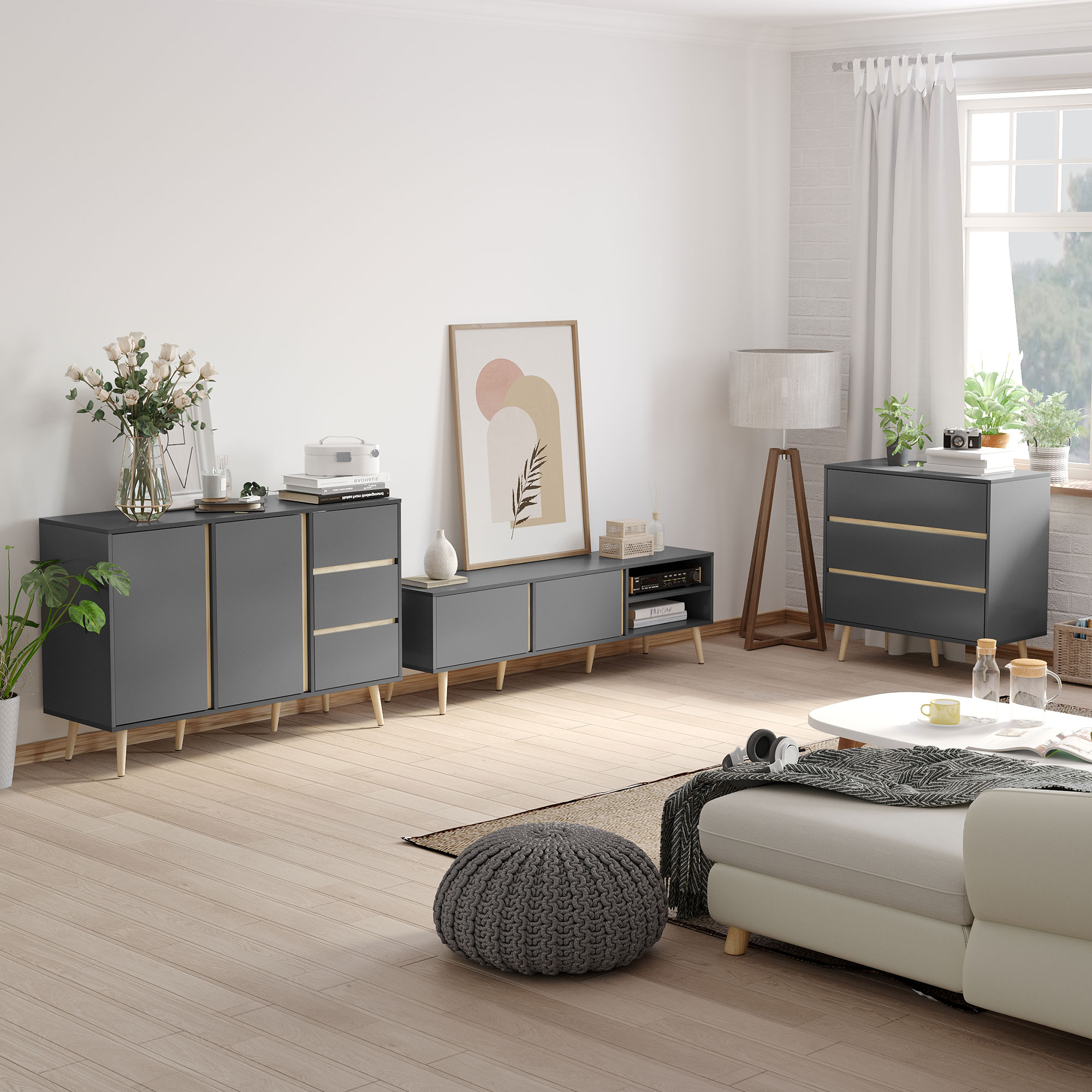 HOMCOM Sideboard mit Stil skandinavischer Möbel mit 2 Türen 3 Schubladen - 120 x 40 x 80 cm - Anthrazitgrau Aosom – Bild 2 von 2