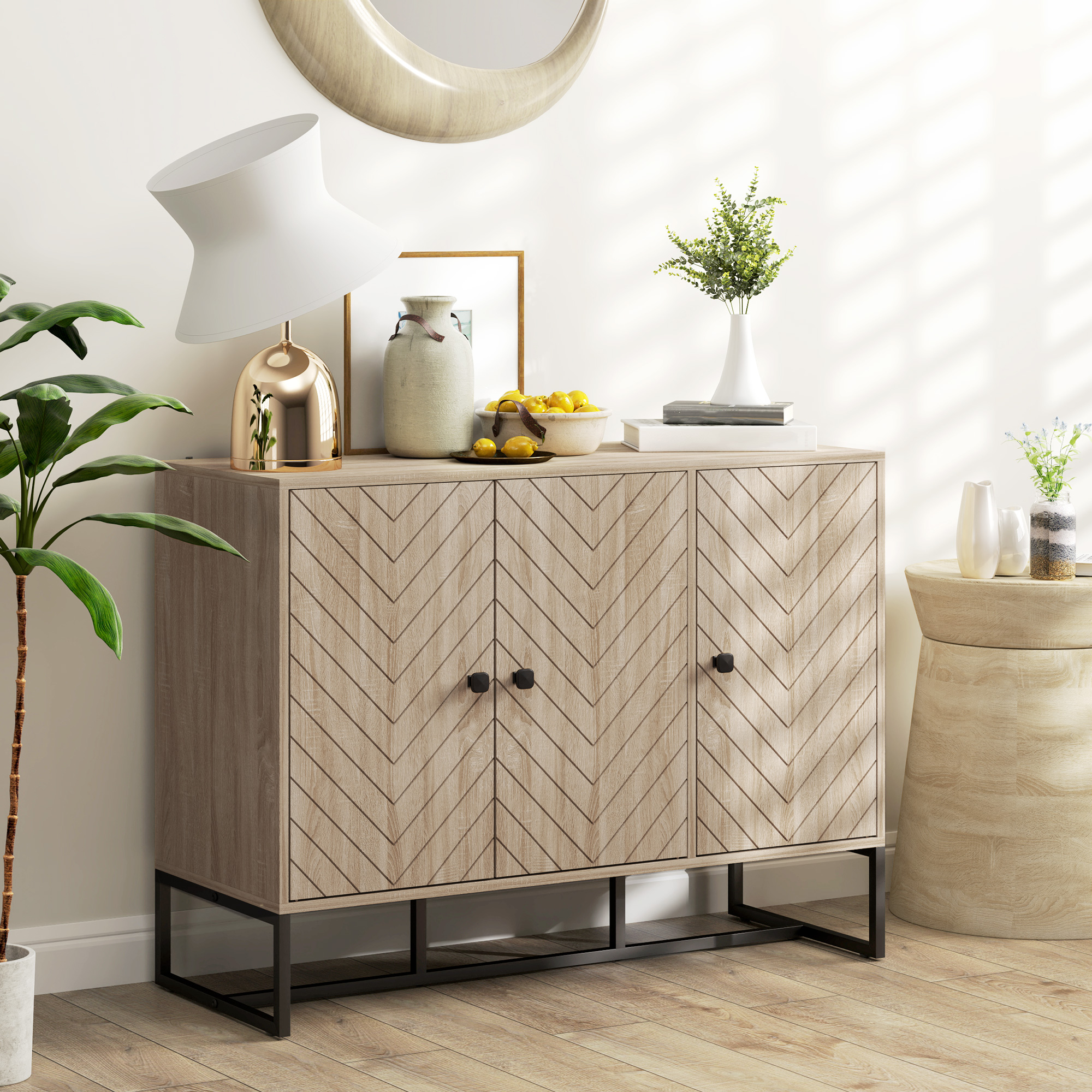 HOMCOM Sideboard Wohnzimmer Aufbewahrungsmöbel Küchenschrank mit Schranktüren und verstellbarem Fach, Chevron-Muster, Metallfuß, moderner Stil, Buffet für Ess-  – Bild 2 von 2