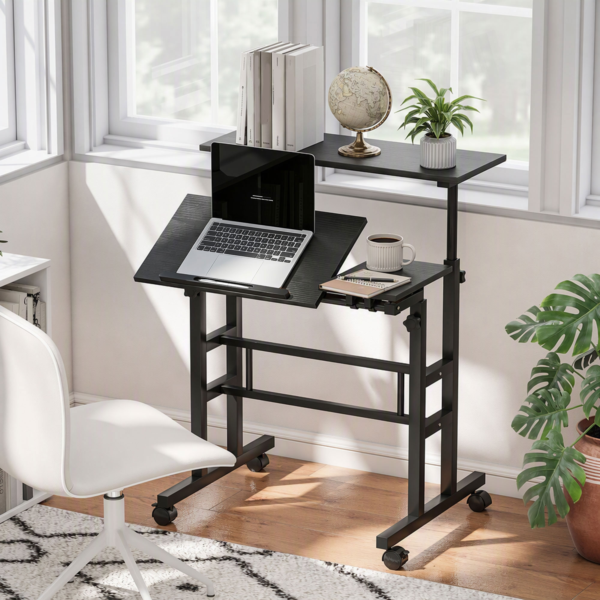 HOMCOM Sitz-Steh-Schreibtisch, höhenverstellbar 70 x 60 cm, Computertisch auf Rollen mit neigbarer Platte, Arbeitsplatz für Schlafzimmer, kleine Räume, schwarz  – Bild 2 von 2