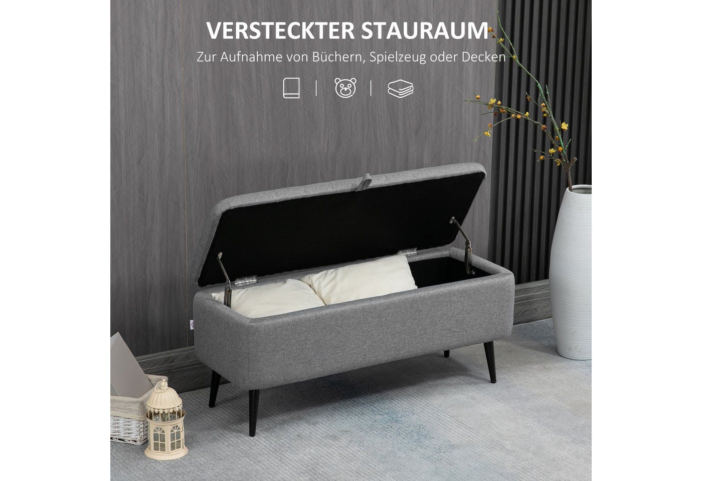 HOMCOM Sitzbank Sitzbank mit Stauraum, Polsterbank mit Leinenoptik (Sitztruhe, 1-St., Polsterbank mit Leinenoptik), für Wohnzimmer Schlafzimmer Flur 102 x 40 x  – Bild 4 von 5