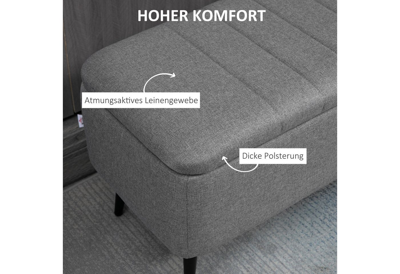 HOMCOM Sitzbank Sitzbank mit Stauraum, Polsterbank mit Leinenoptik (Sitztruhe, 1-St., Polsterbank mit Leinenoptik), für Wohnzimmer Schlafzimmer Flur 102 x 40 x  – Bild 5 von 5