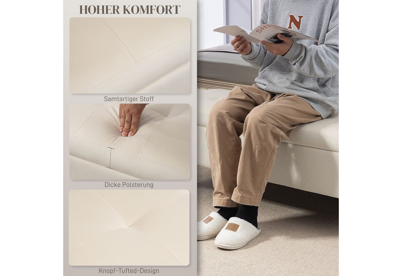 HOMCOM Sitzbank Sitzbank mit Stauraum, Polsterbank mit Samtoptik, Metallbeine (Polsterbank, 1-St., Bettbank), für Wohnzimmer, Beige – Bild 4 von 5