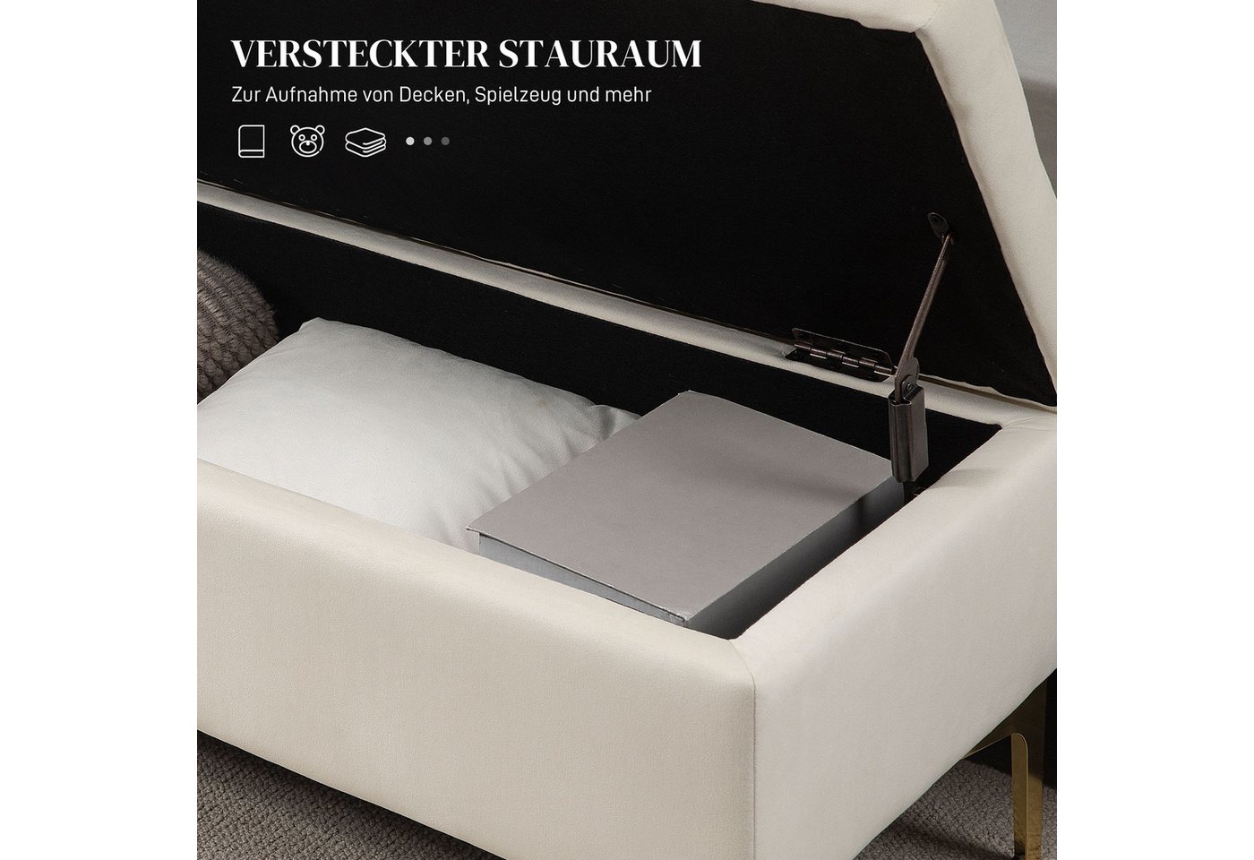HOMCOM Sitzbank Sitzbank mit Stauraum, Polsterbank mit Samtoptik, Metallbeine (Polsterbank, 1-St., Bettbank), für Wohnzimmer, Beige – Bild 5 von 5