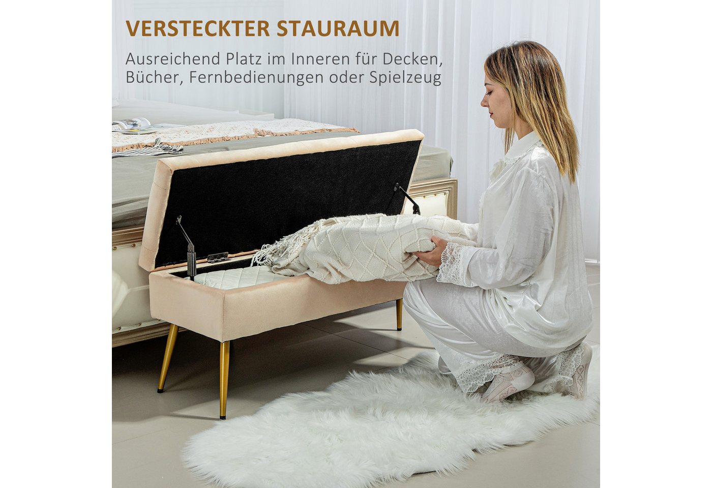 HOMCOM Sitzbank Sitzbank mit Stauraum, Polsterbank mit Deckel, für Flur (Truhenbank, 1-St., Polsterbank), für Flur Schlafzimmer Wohnzimmer, Metallrahmen 102 x 3 – Bild 4 von 5