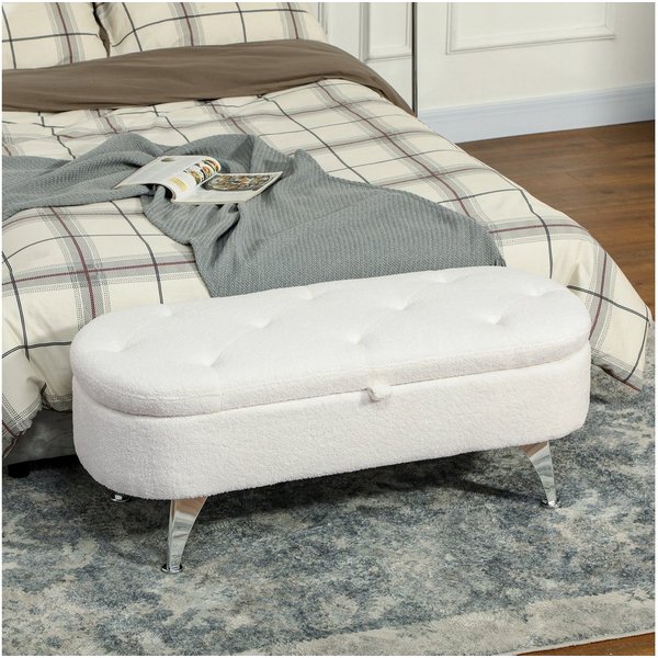 HOMCOM Sitzbank mit Stauraum, Deckel, Teddysamtoptik (Truhenbank, 1-St., Polsterbank), für Flur Schlafzimmer Wohnzimmer, Metallrahmen 114 x 47 x 46,5 cm Weiß
