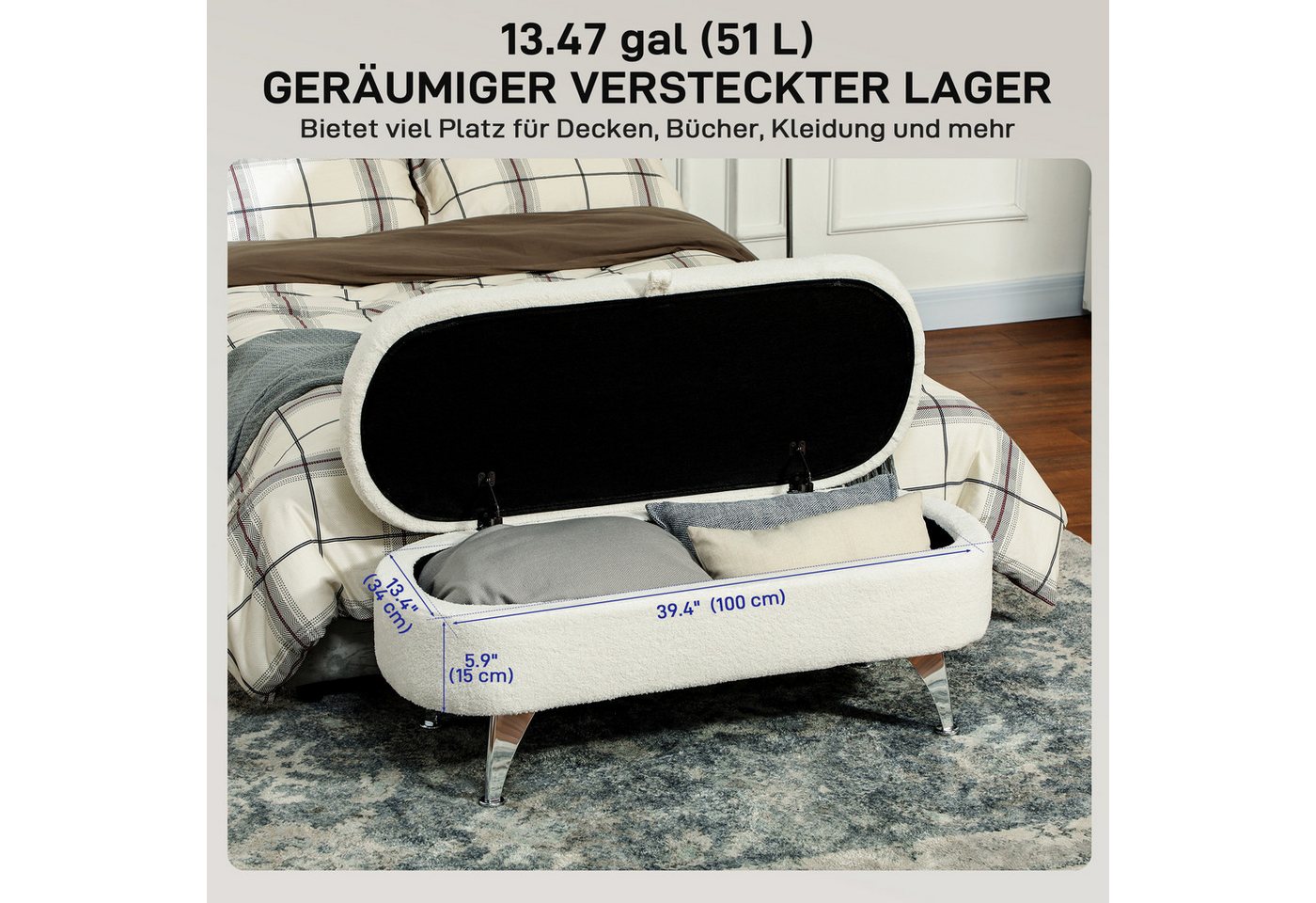 HOMCOM Sitzbank mit Stauraum, Deckel, Teddysamtoptik (Truhenbank, 1-St., Polsterbank), für Flur Schlafzimmer Wohnzimmer, Metallrahmen 114 x 47 x 46,5 cm Weiß – Bild 4 von 5