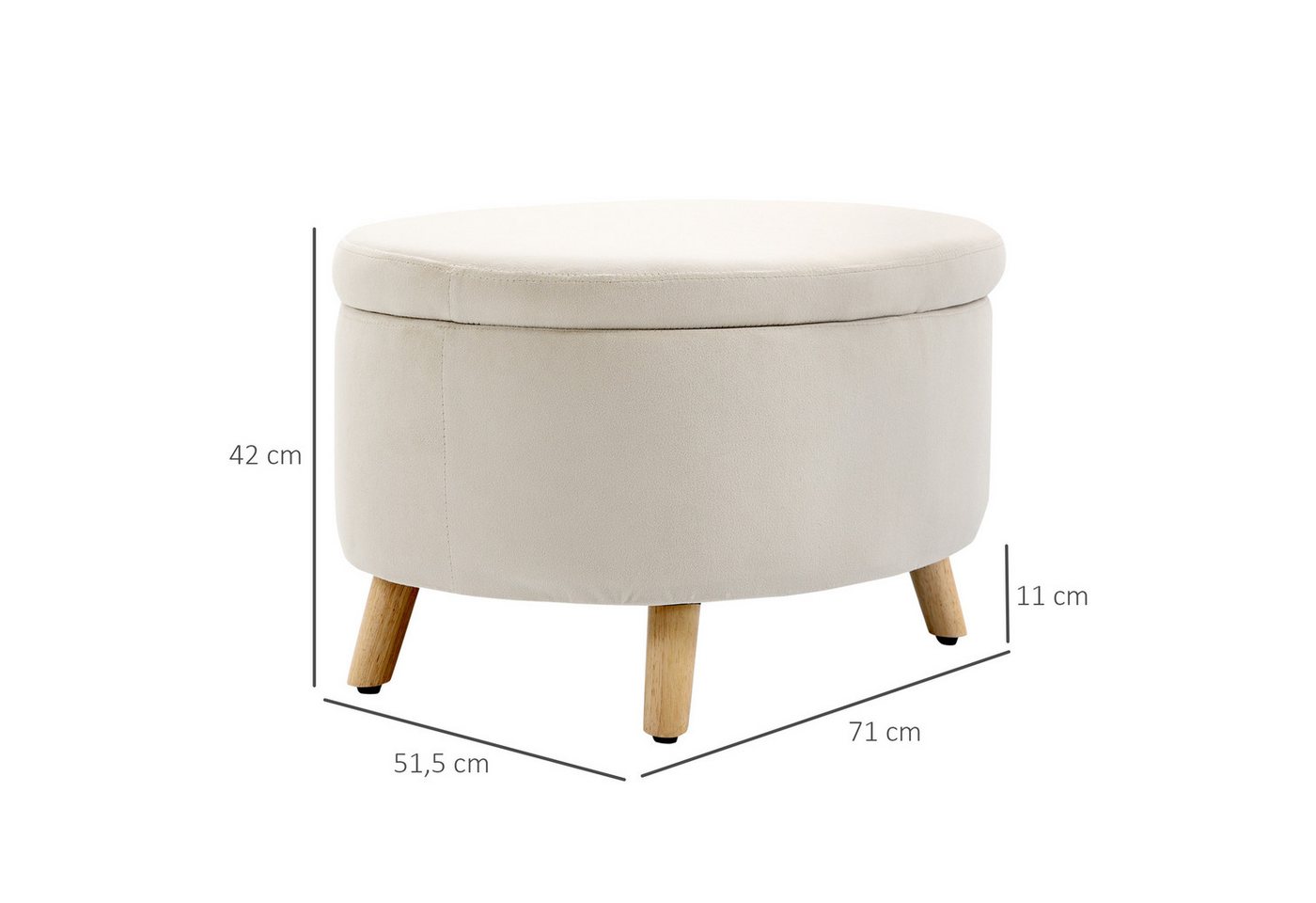 HOMCOM Sitzbank Oval Bank mit Stauraum, Deckel, Samtoptik (Polsterbank, 1-St., Bettbank), für Flur Schlafzimmer Wohnzimmer, Holzbeine 71 x 51,5 x 42 cm Beige – Bild 3 von 5