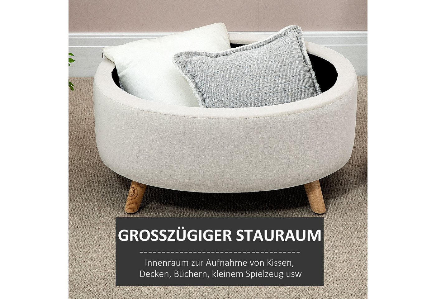HOMCOM Sitzbank Oval Bank mit Stauraum, Deckel, Samtoptik (Polsterbank, 1-St., Bettbank), für Flur Schlafzimmer Wohnzimmer, Holzbeine 71 x 51,5 x 42 cm Beige – Bild 4 von 5
