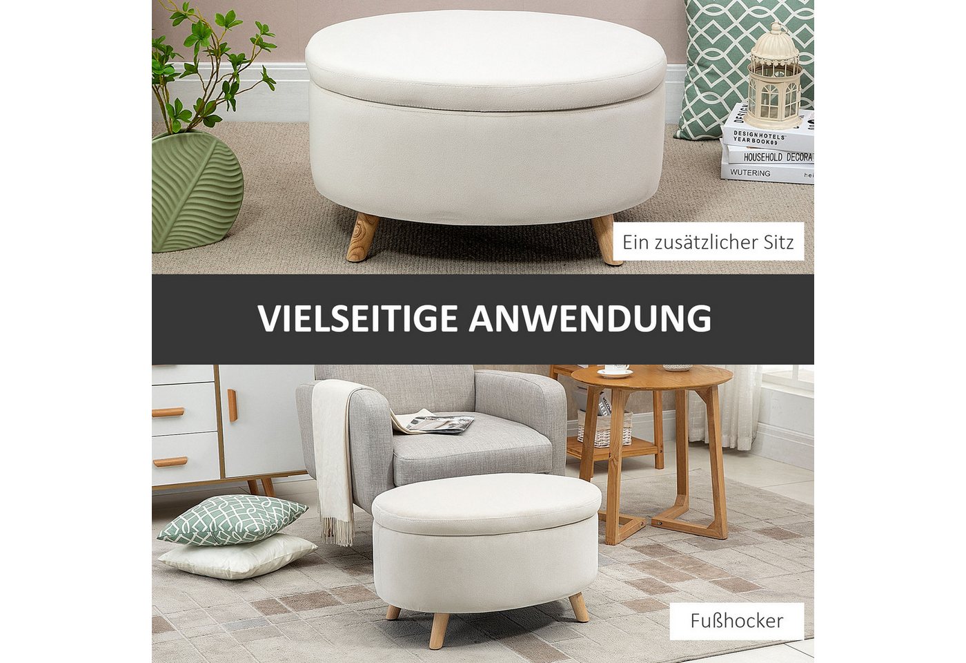 HOMCOM Sitzbank Oval Bank mit Stauraum, Deckel, Samtoptik (Polsterbank, 1-St., Bettbank), für Flur Schlafzimmer Wohnzimmer, Holzbeine 71 x 51,5 x 42 cm Beige – Bild 5 von 5