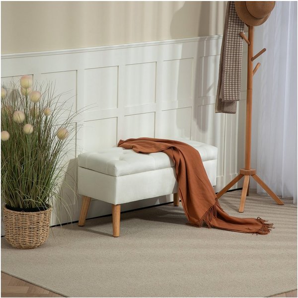 HOMCOM Sitzbank Polsterbank mit Deckel, Bettbank mit Samtoptik (Truhenbank, 1-St., Polsterbank), für Flur Schlafzimmer Wohnzimmer, Gummiholz 80 x 35 x 42 cm Wei