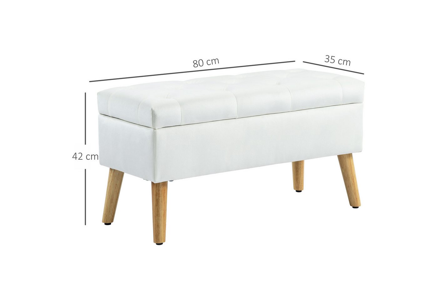 HOMCOM Sitzbank Polsterbank mit Deckel, Bettbank mit Samtoptik (Truhenbank, 1-St., Polsterbank), für Flur Schlafzimmer Wohnzimmer, Gummiholz 80 x 35 x 42 cm Wei – Bild 3 von 5
